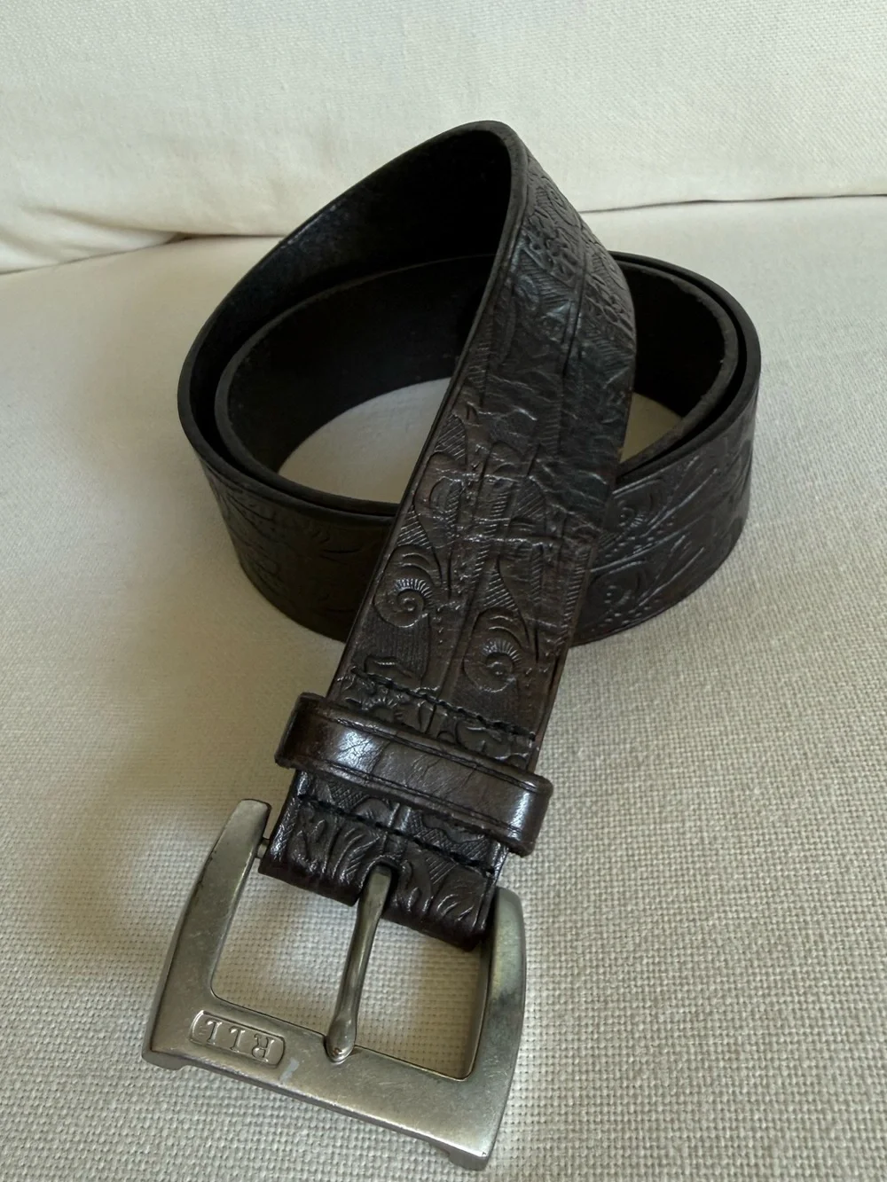 LAUREN RALPH LAUREN Floral Embossed Genuine Leather Black Belt Size XL